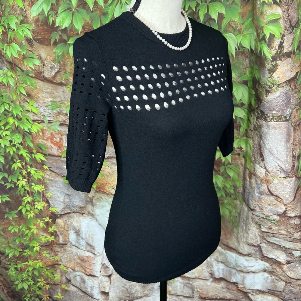 AUTUMN CASHMERE Black Pointelle Short Sleeve Sweater, S - Picture 8 of 10
